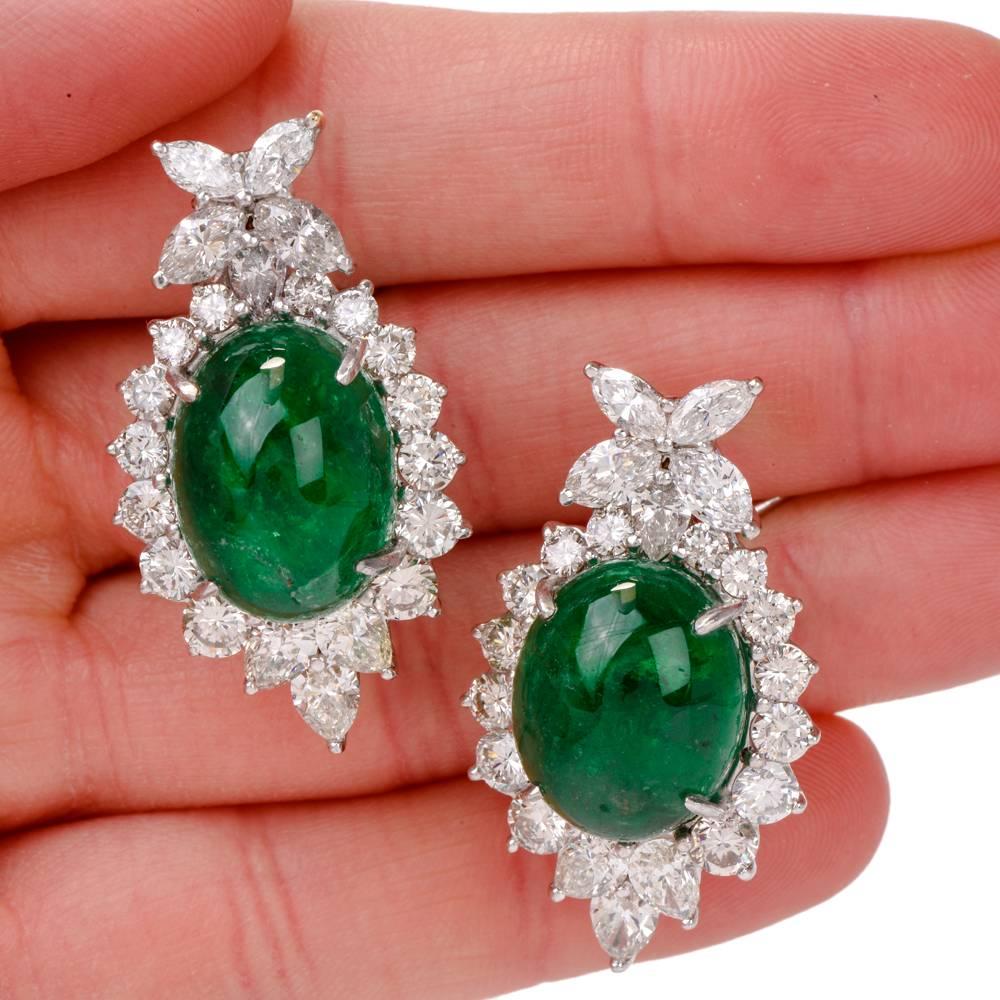 1980s Diamond Oval Cabochon GIA Emerald Clip-On Gold Earrings 2