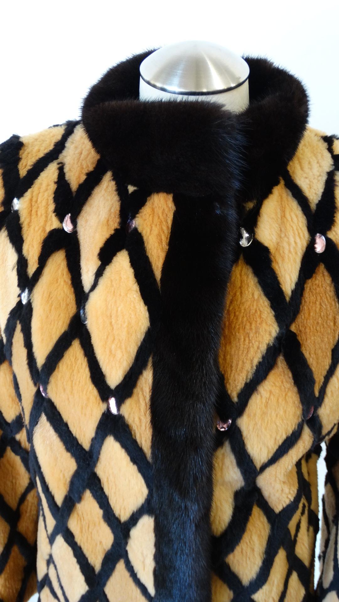 Black 1980s Diamond Pattern Sheered Rabbit Fur Jacket 