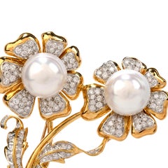 1980s Diamond Pearl 18 Karat Gold Double Flower Pin Brooch