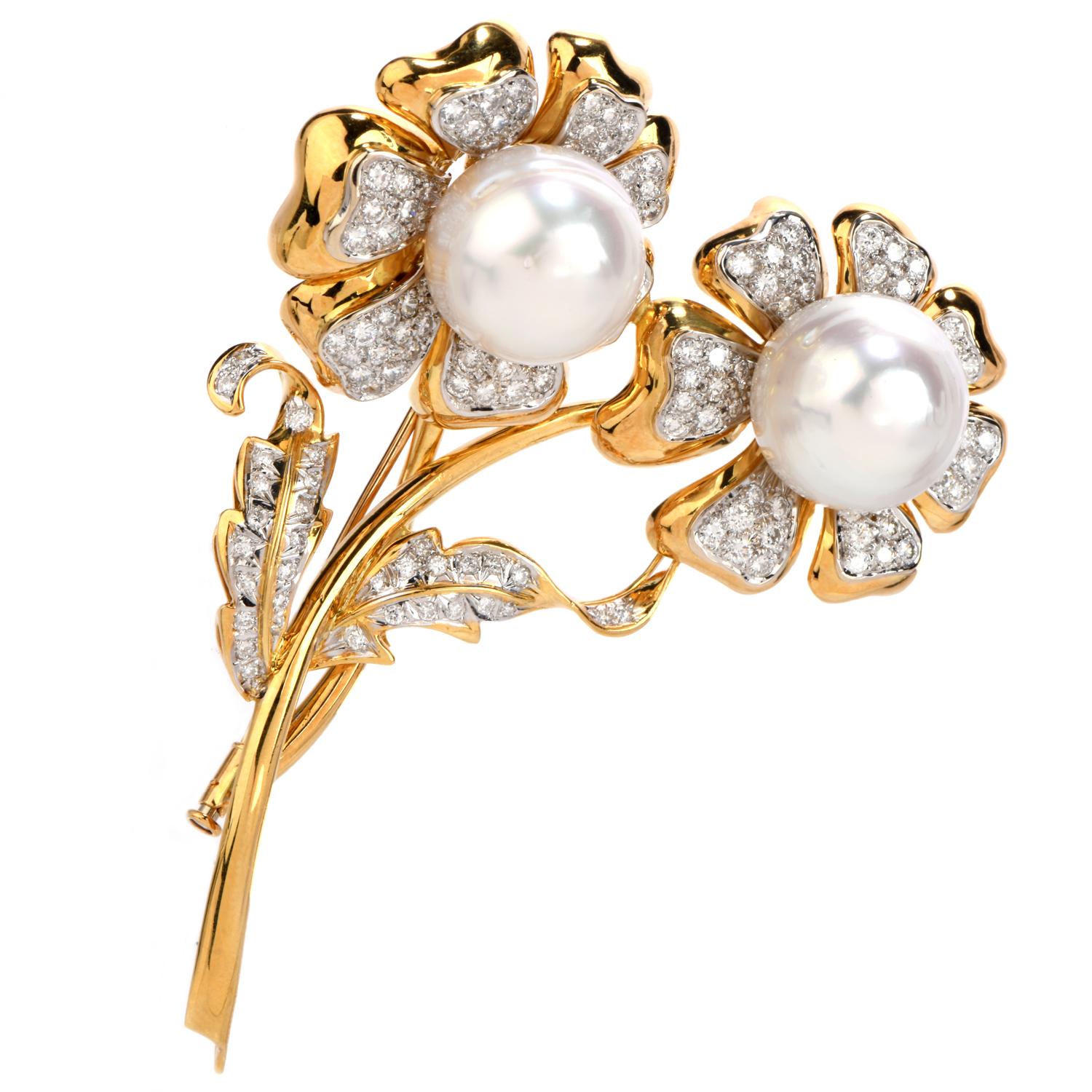 Modern 1980s Diamond Pearl 18 Karat Gold Double Flower Pin Brooch For Sale