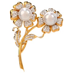 1980s Diamond Pearl 18 Karat Gold Double Flower Pin Brooch
