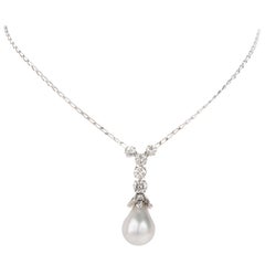 1980s Diamond Pearl 18 Karat White Gold Drop Chain Necklace
