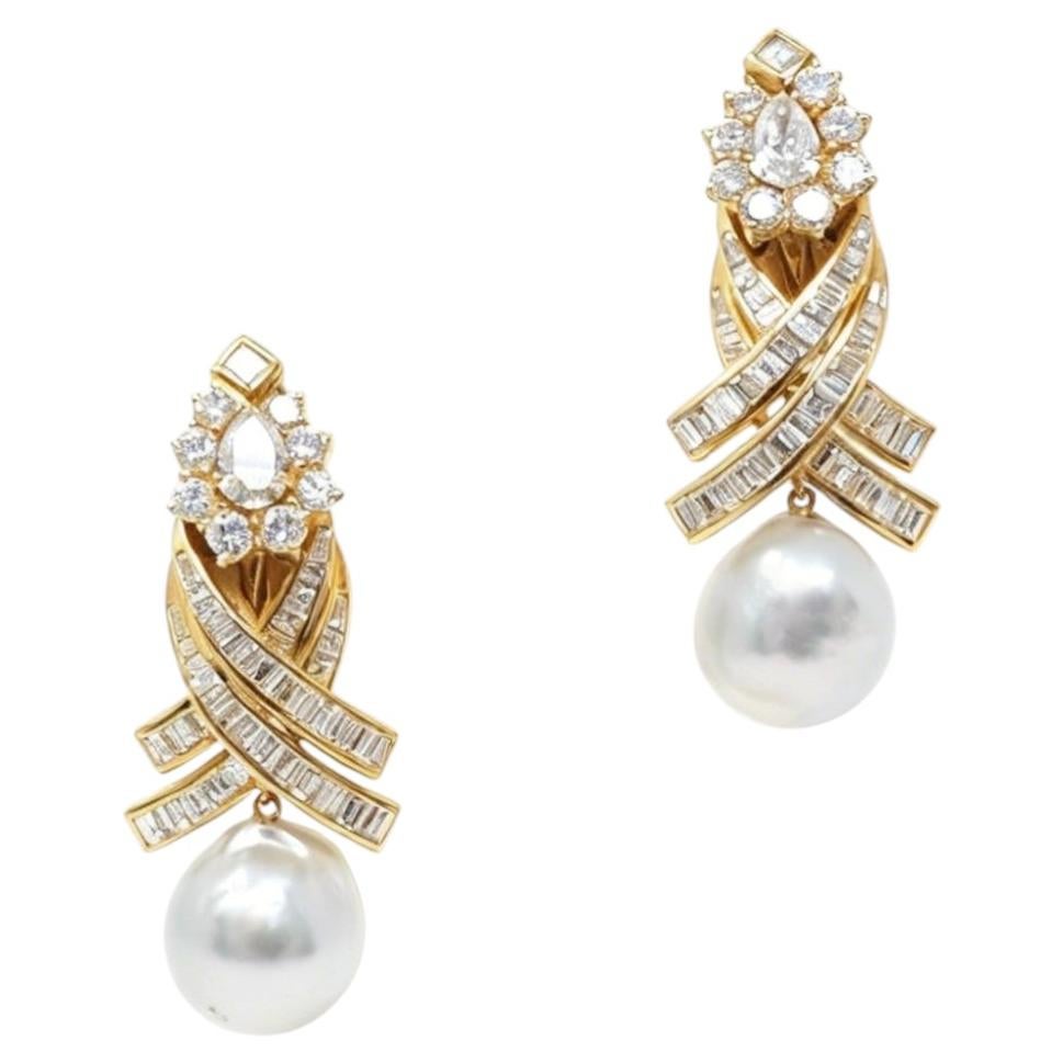 1980s Diamond, Pearl and 18K Yellow Gold Drop Earrings