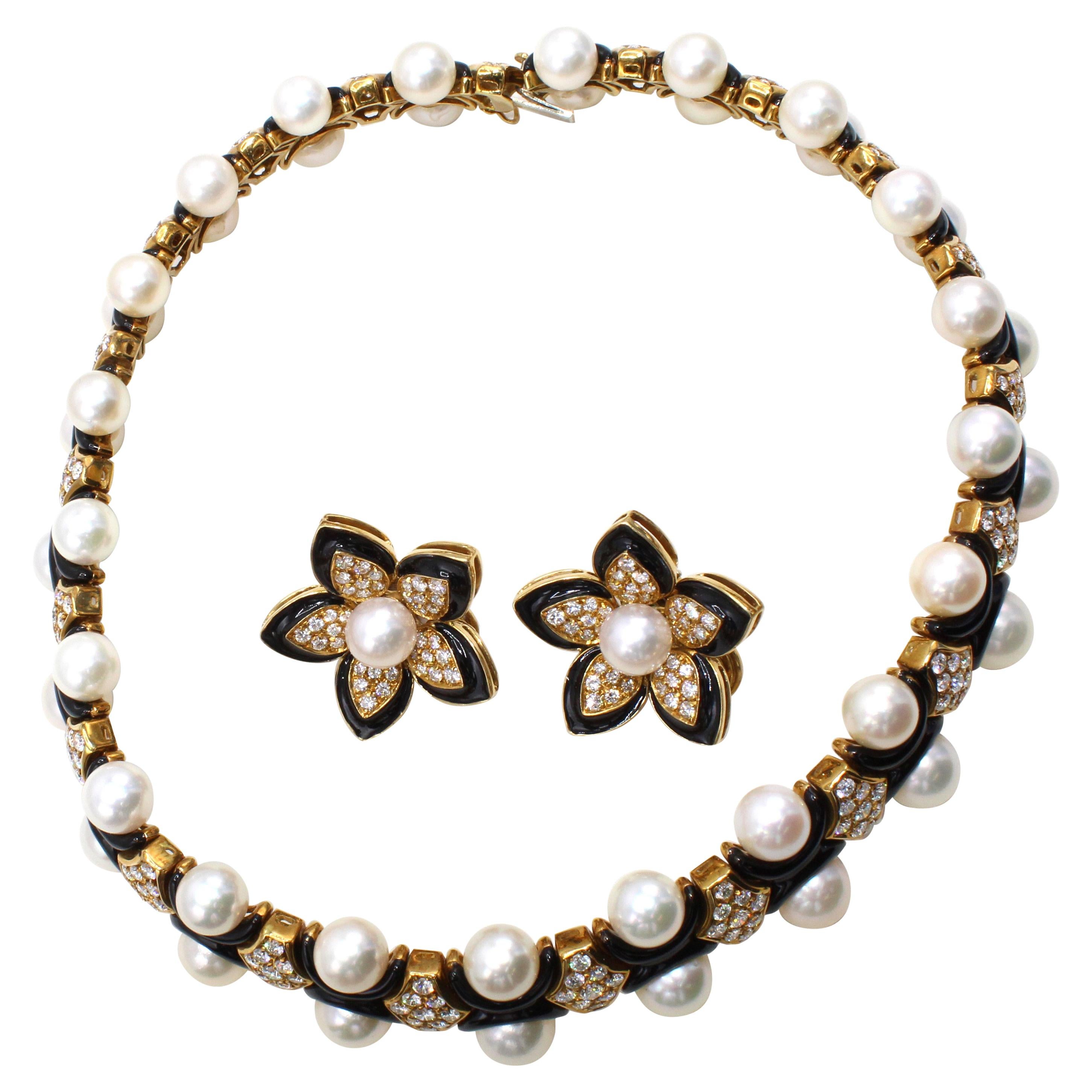 1980s Diamond Pearl Enamel 18 Karat Gold Choker Necklace Earring Set For Sale