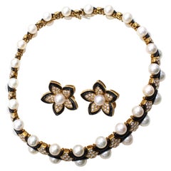 1980s Diamond Pearl Enamel 18 Karat Gold Choker Necklace Earring Set