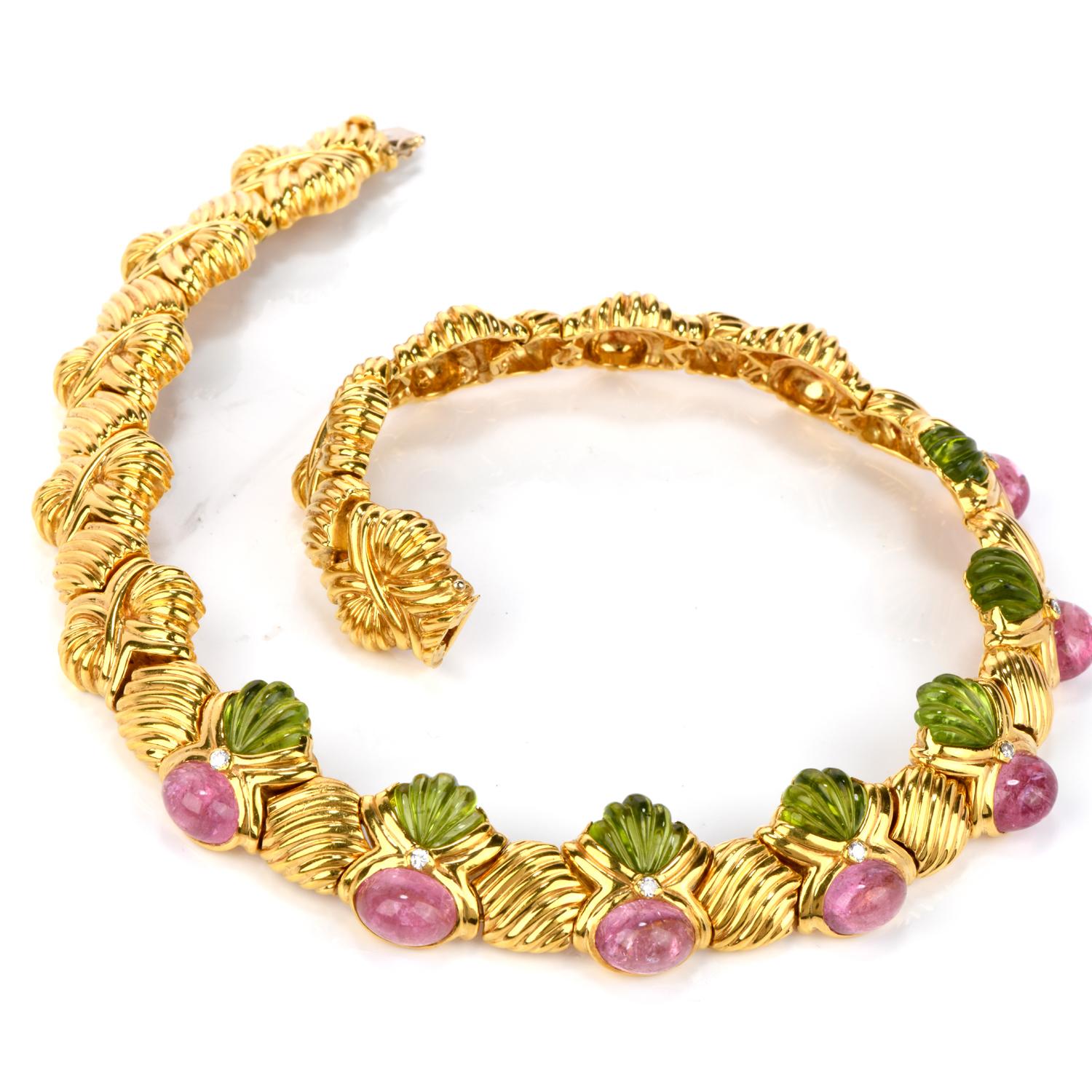 Feel gorgeous in this beguiling Estate Diamond Peridot & Tourmaline 18K Gold Collar Necklace!  This Italian-made necklace weighs an impressive 156.4 Grams of 18k yellow gold and has the collar length of 16 Inches with a 20 mm width. 

There are 7
