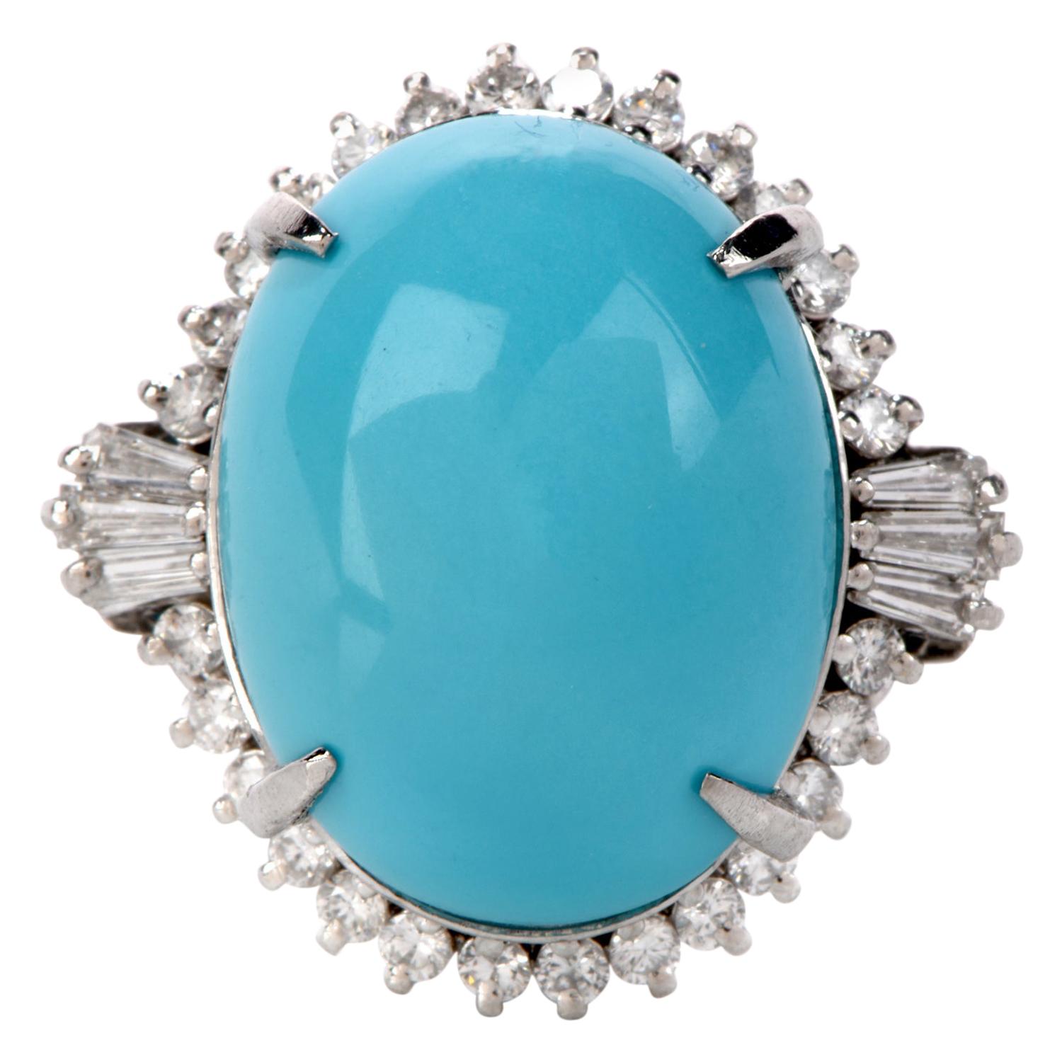 1980s Diamond Persian Turquoise Platinum Oval Halo Ring