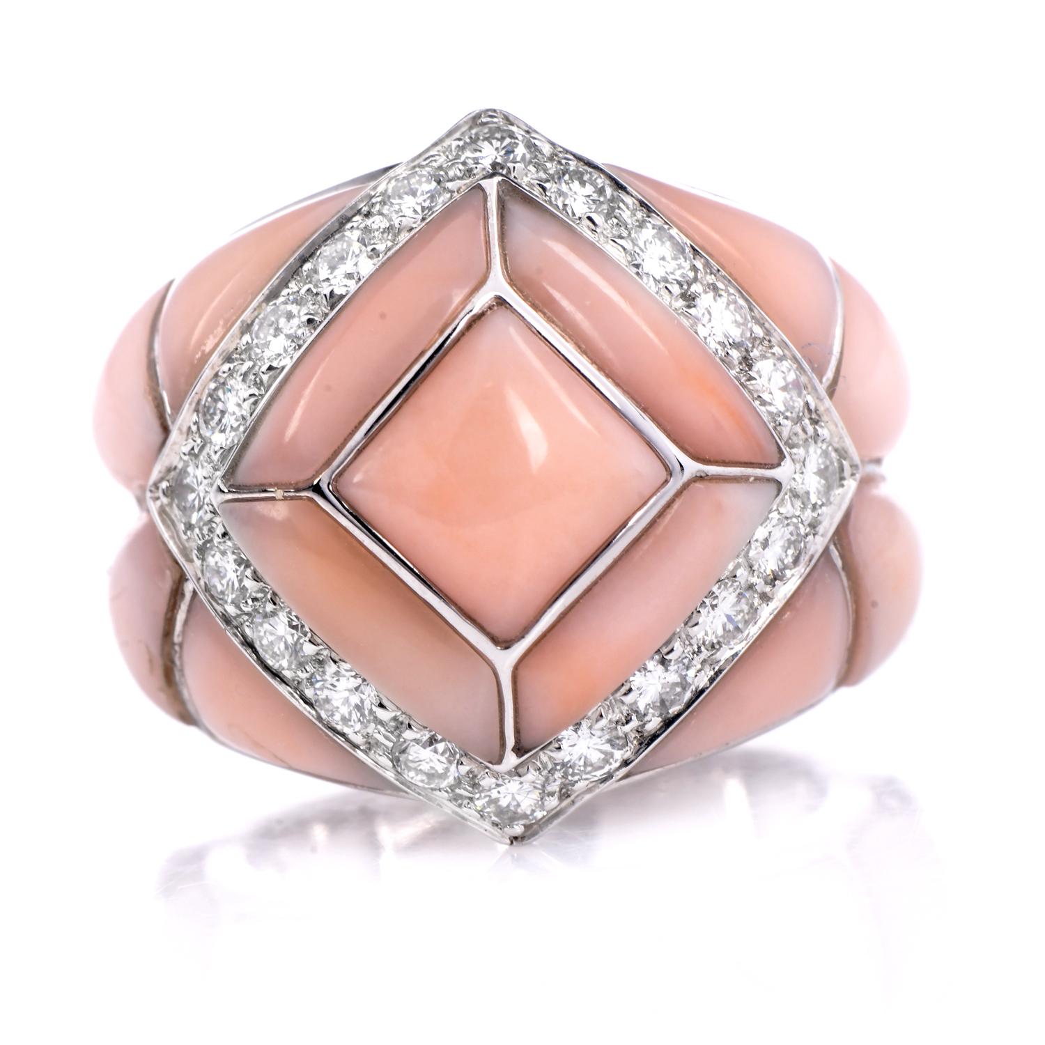1980s Diamond Pink Coral 18K Gold Inlay Cocktail Ring In Excellent Condition For Sale In Miami, FL