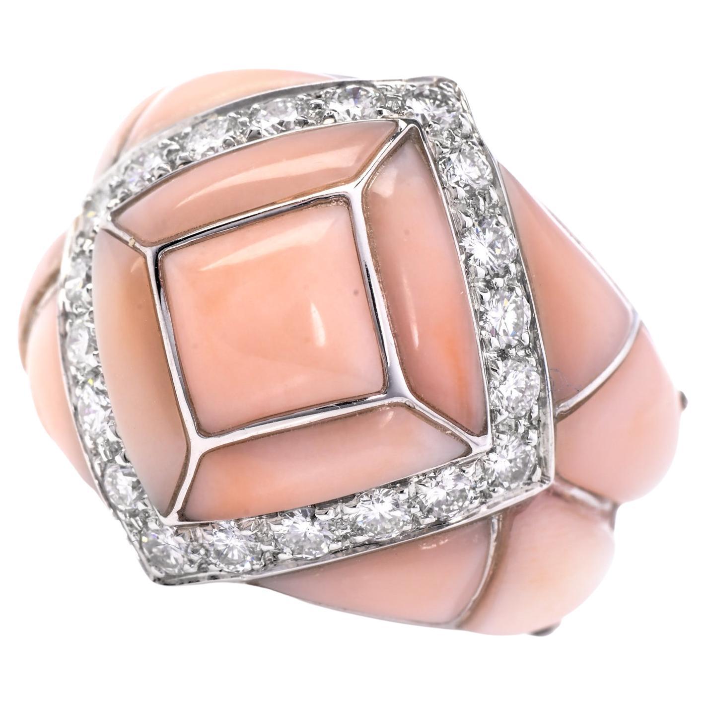 1980s Diamond Pink Coral 18K Gold Inlay Cocktail Ring