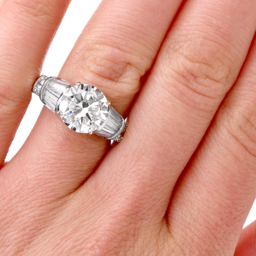 Round Cut 1980s Diamond Platinum Baguette Engagement Ring