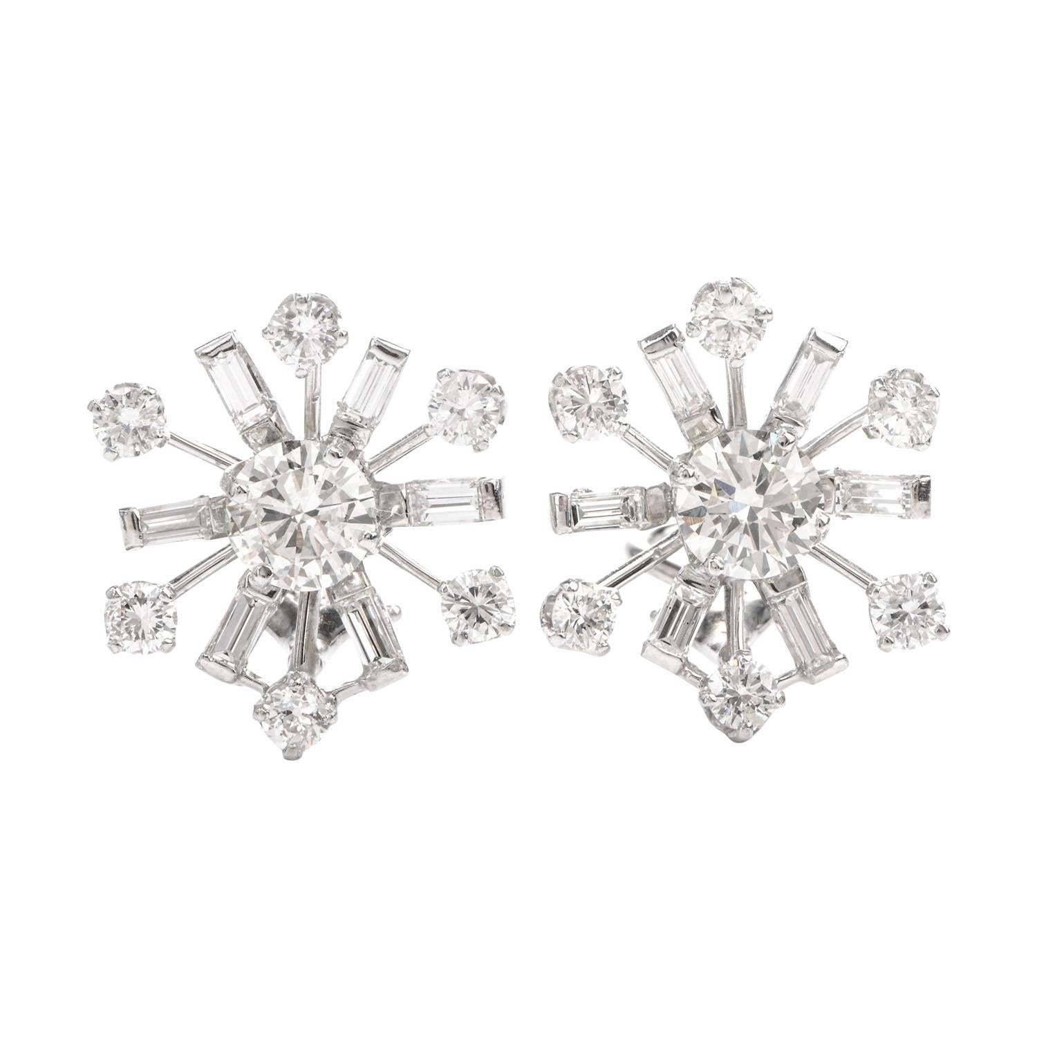 1980's Marquise Cut Diamond Platinum Flower Cluster Clip on Earrings ...
