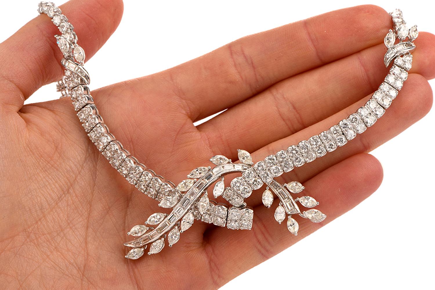 Women's 1980s Diamond Riviera Bypass Floral Leaf Platinum Necklace