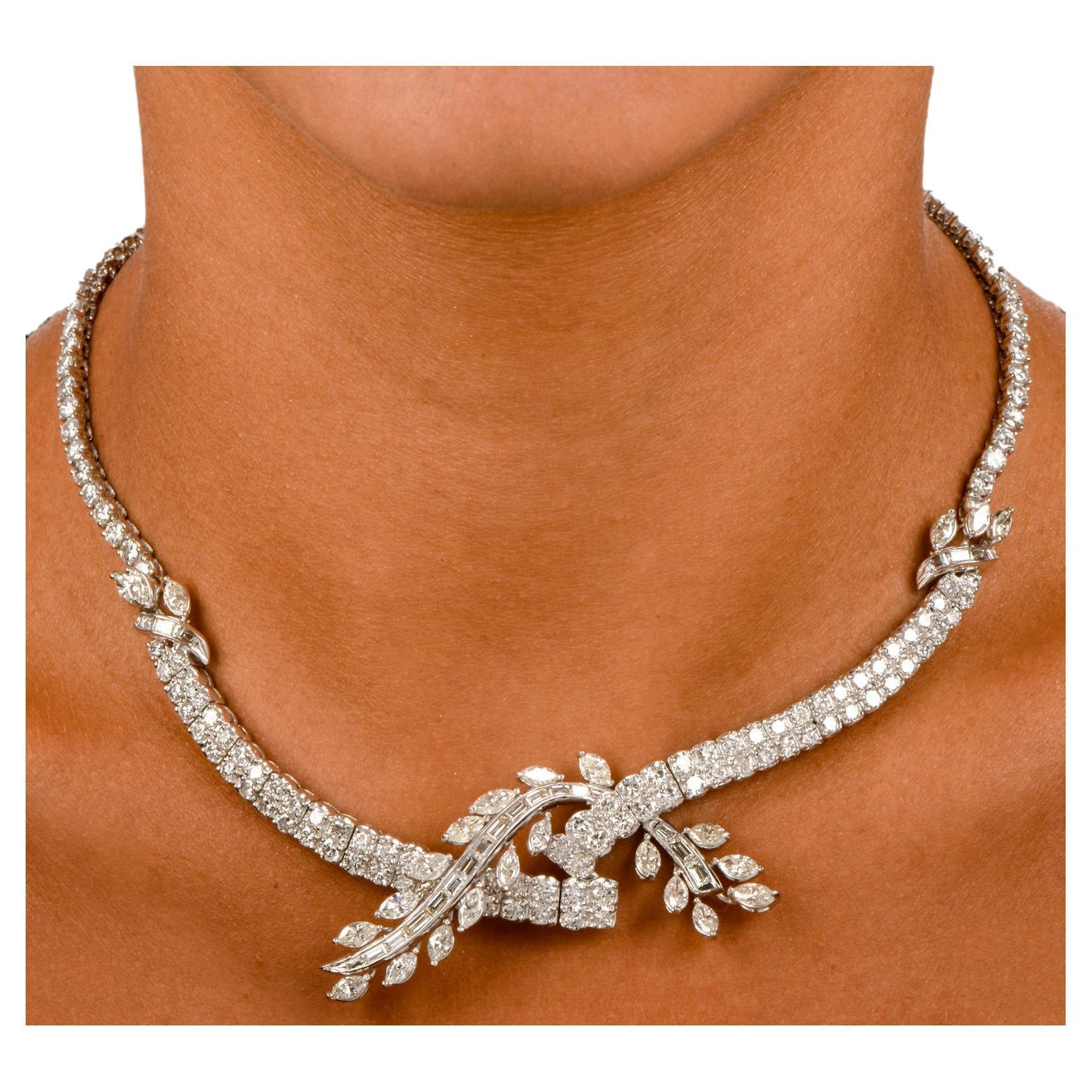 1980s Diamond Riviera Bypass Floral Leaf Platinum Necklace