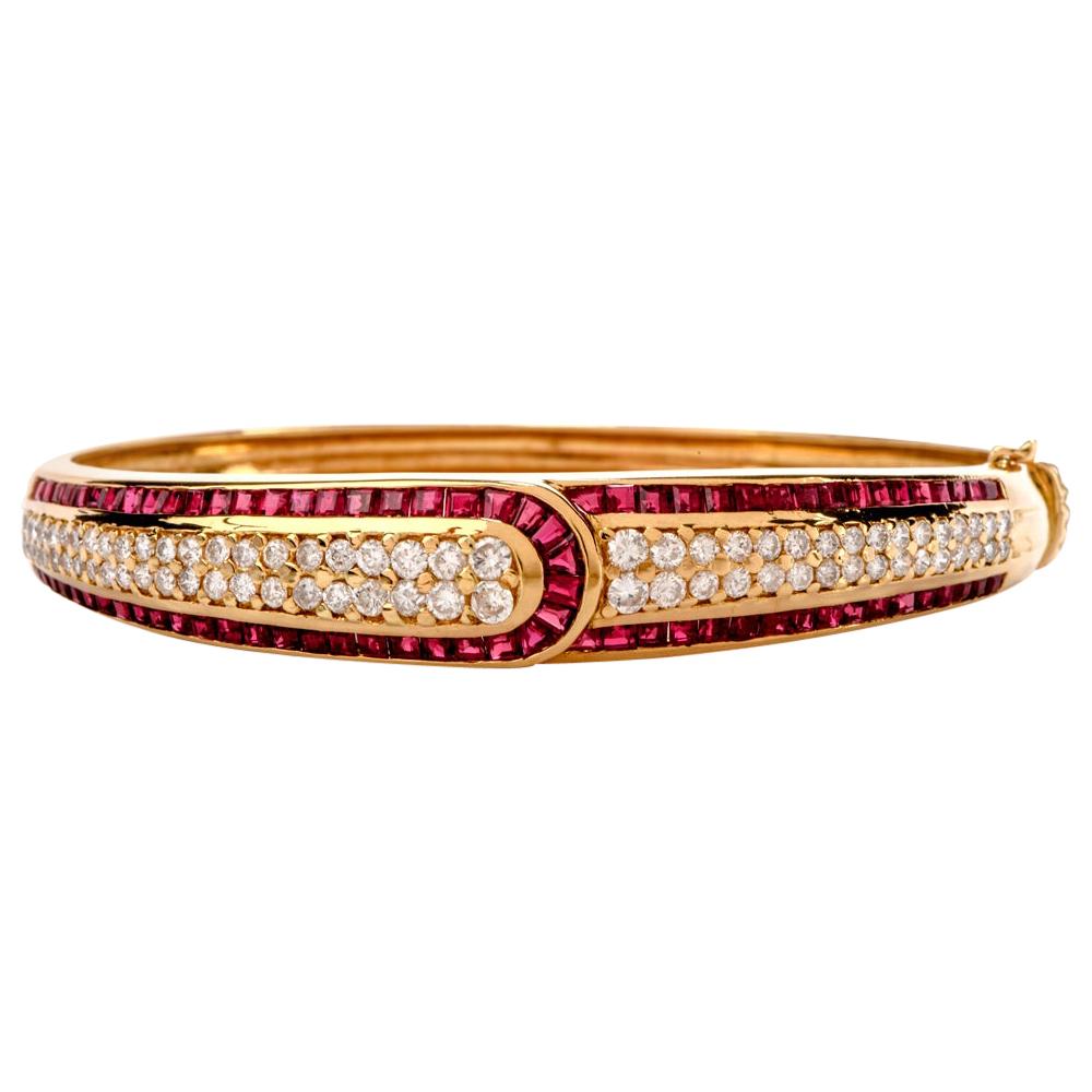 1980s Diamond Ruby 18 Karat Gold Bangle Bracelet