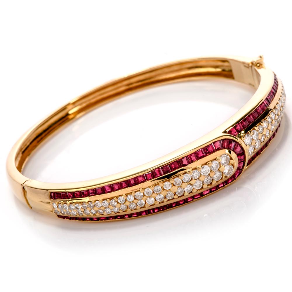 Modern 1980s Diamond Ruby 18 Karat Gold Bangle Bracelet