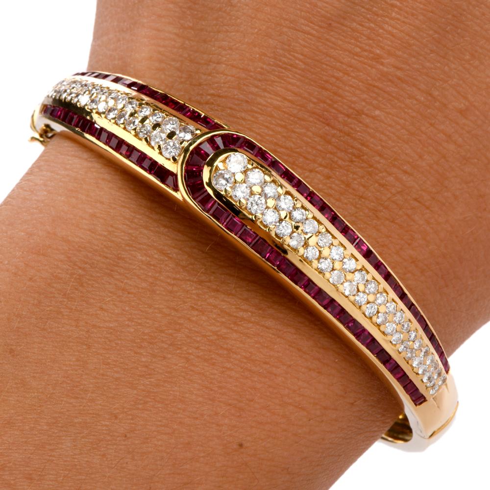 Women's 1980s Diamond Ruby 18 Karat Gold Bangle Bracelet
