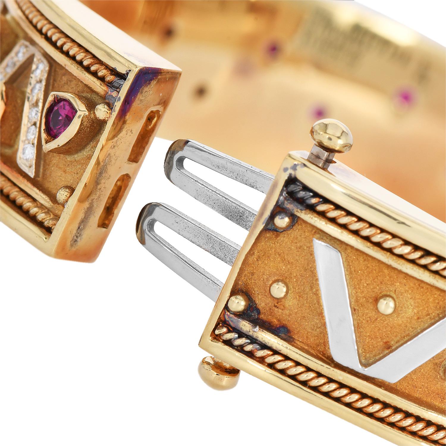 Women's or Men's 1980S Diamond Ruby 18K Gold Detailed Bangle Bracelet For Sale