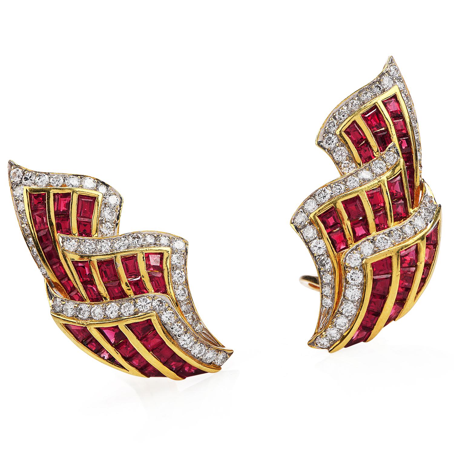 These stunning late 20th century Earrings are crafted in Solid 18K Yellow Gold,

weigh 19.6 grams and measure 38 mm long by 18 millimeters wide. 

They are perfectly detailed and inspired in overlapped ribbon design!

Surrounding each piece there