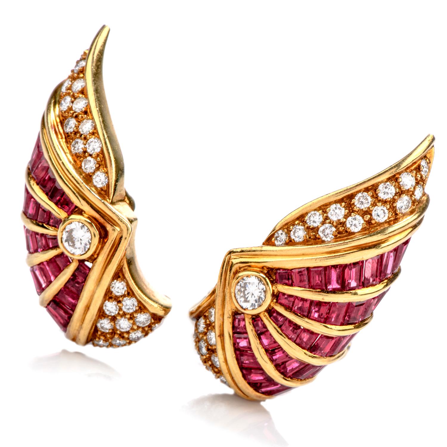 These stunning Vintage  Earrings are crafted in Solid 18K Yellow Gold,

weigh 21.7 grams and measure 33 mm long by 15 millimeters wide. 

They are perfectly detailed and inspired in Ornamental Wings!

In the Center of each piece there are Two