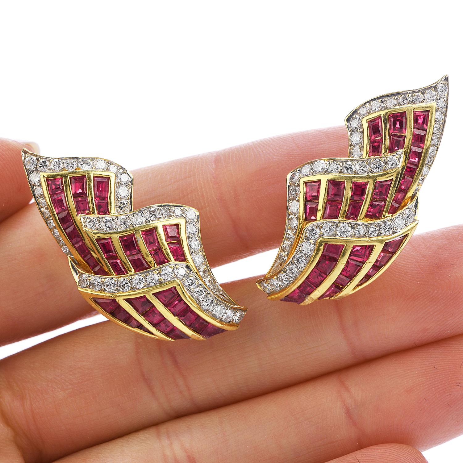 Square Cut 1980s Diamond Ruby 18 Karat Gold Ear-Cuff Clip-On Earrings