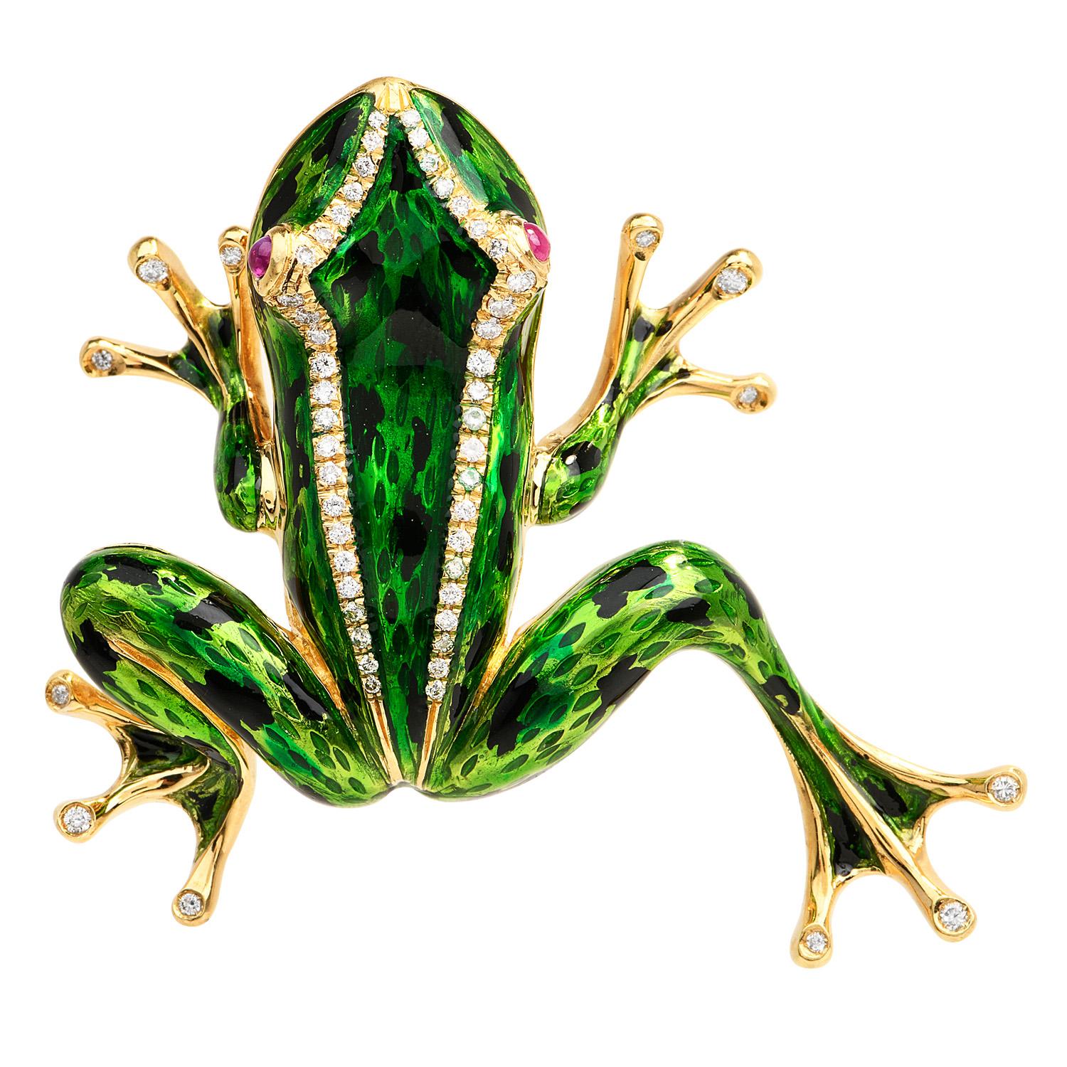 This High Quality 1980's frog pin is Crafted in solid 18K yellow gold, adorned by (58) round cut diamonds, bezel, and prong-set, weighing approximately  0.45 carats (H-I color and VS clarity)

With eyes made by (2) genuine cabochon round-cut,