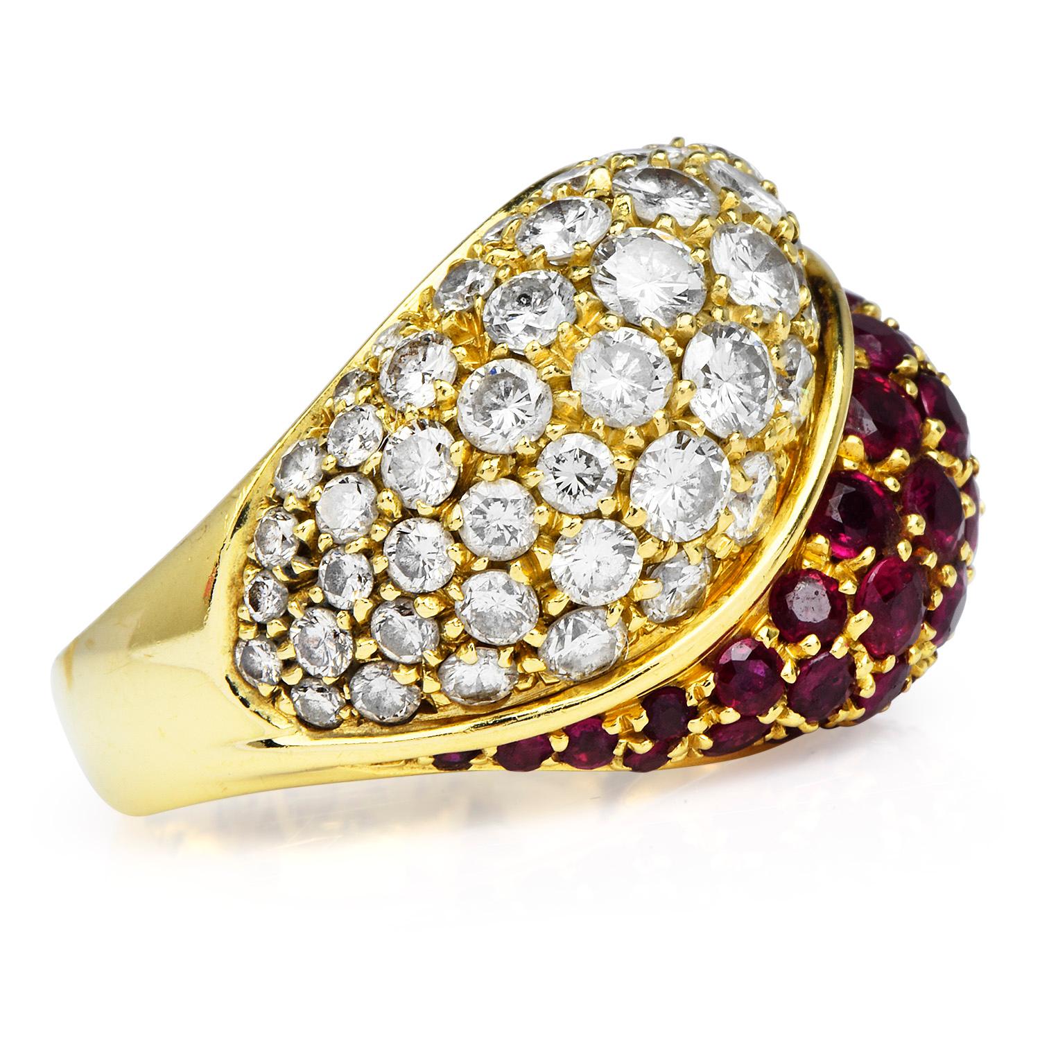 Modern 1980's Diamond Ruby 18K Gold Italian Bypass Cluster Dome Cocktail Ring For Sale