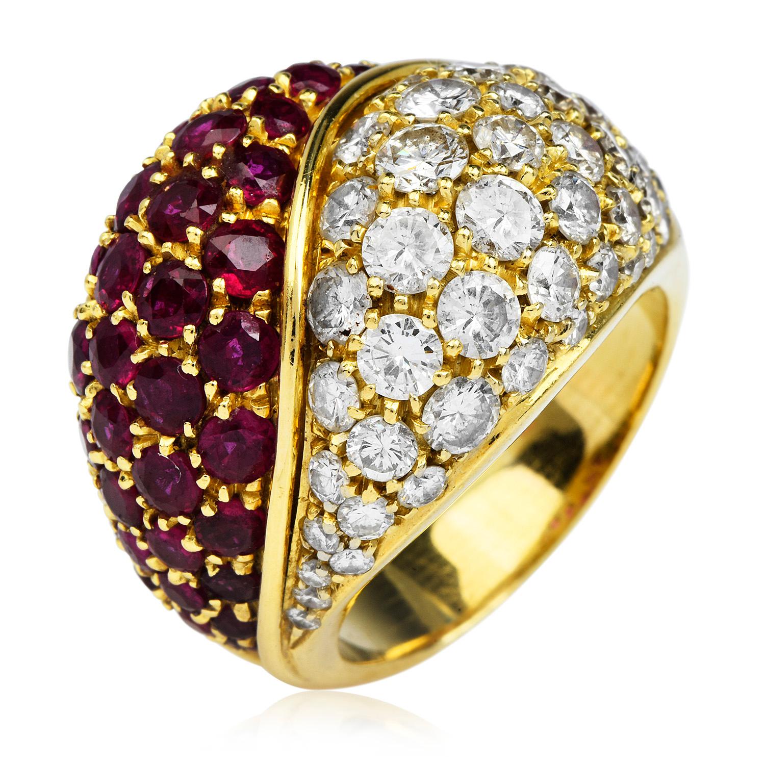 1980's Diamond Ruby 18K Gold Italian Bypass Cluster Dome Cocktail Ring In Excellent Condition For Sale In Miami, FL