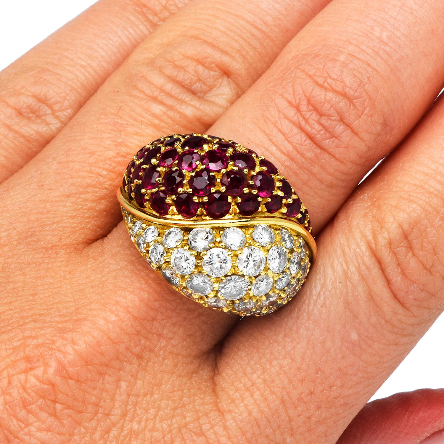 Women's or Men's 1980's Diamond Ruby 18K Gold Italian Bypass Cluster Dome Cocktail Ring For Sale