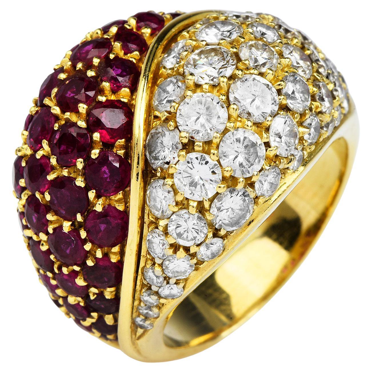 1980's Diamond Ruby 18K Gold Italian Bypass Cluster Dome Cocktail Ring For Sale