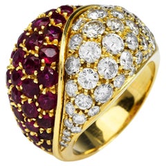 Retro 1980's Diamond Ruby 18K Gold Italian Bypass Cluster Dome Cocktail Ring