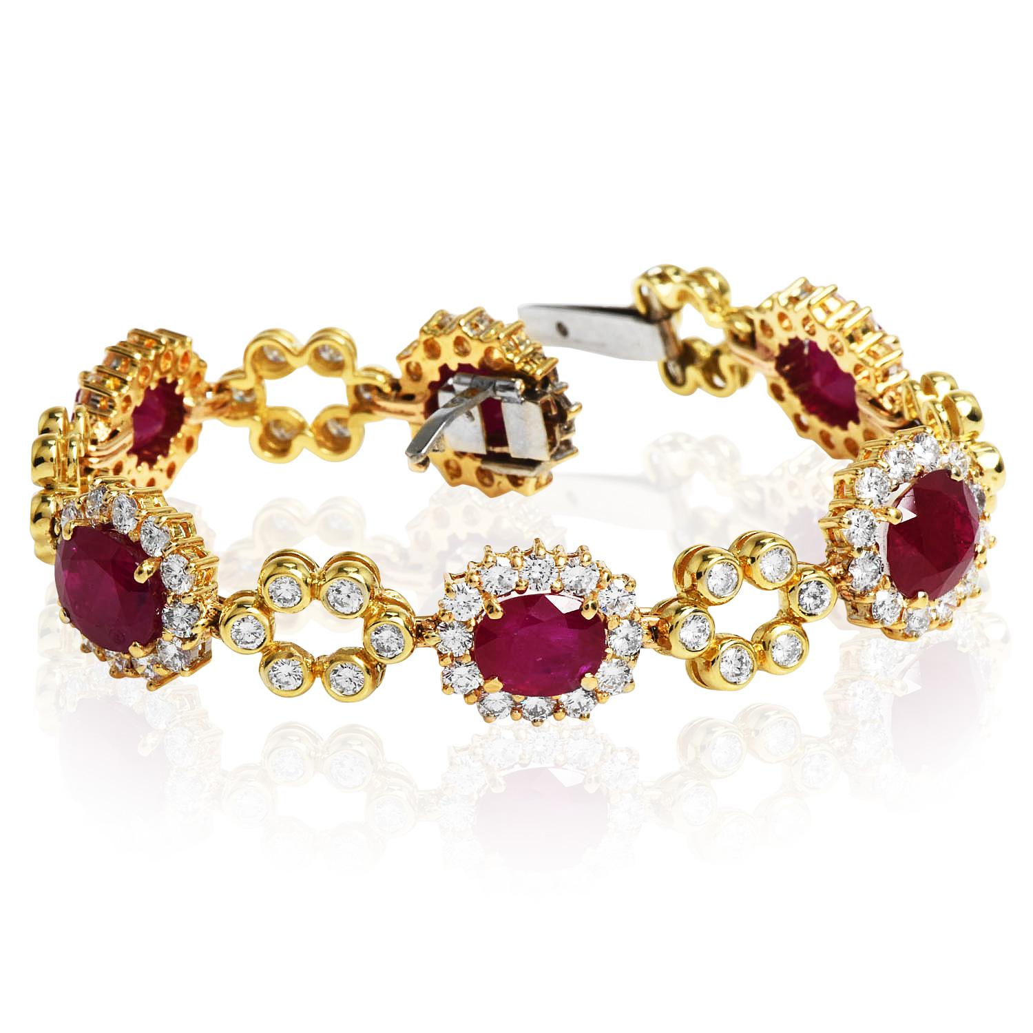 Flower Inspired link Estate Ruby bracelet in 18k yellow gold.

Enhanced in the center with Genuine Rubies with vivid red color, and adding sparkle halo display of Diamonds.

With 108 round-cut, prong & bezel set genuine Diamonds weighing