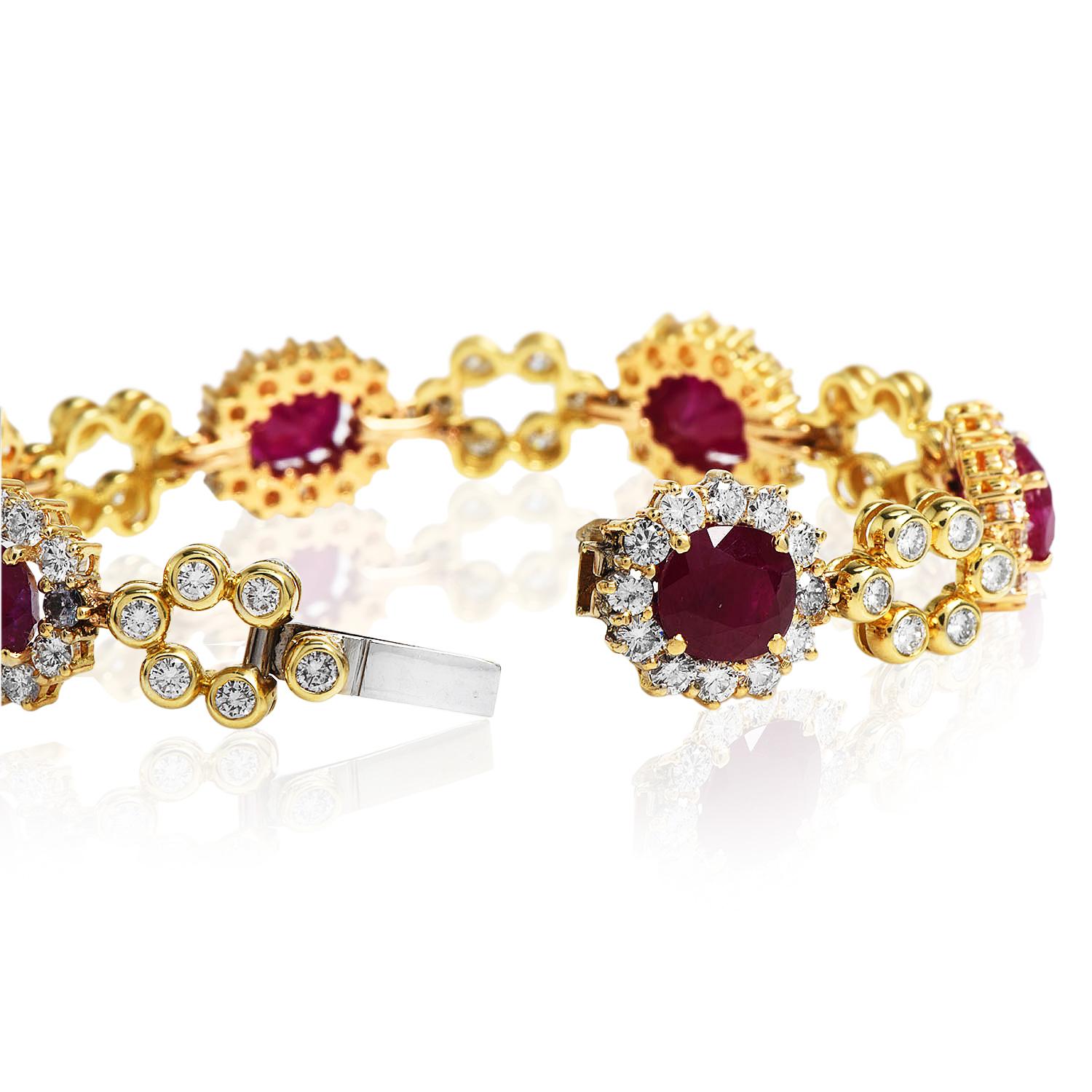 Women's 1980s Diamond Ruby 18K Yellow Gold Flower Halo Link Bracelet For Sale