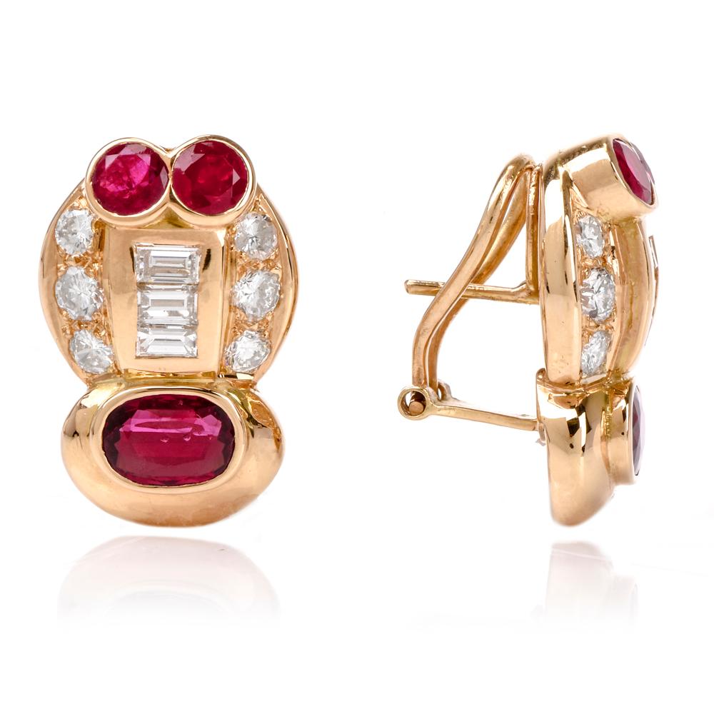 1980s Diamond GIA Ruby Clip on 18 Karat Gold Earrings In Excellent Condition In Miami, FL