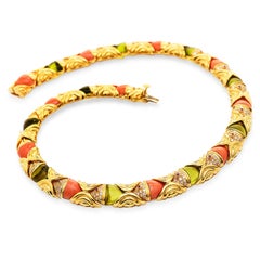 1980's Diamond Ruby Peridot Coral 18K Gold Fish Link Choker Necklace