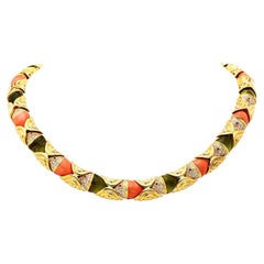 1980's Diamond Ruby Peridot Coral 18K Gold Fish Link Choker Necklace