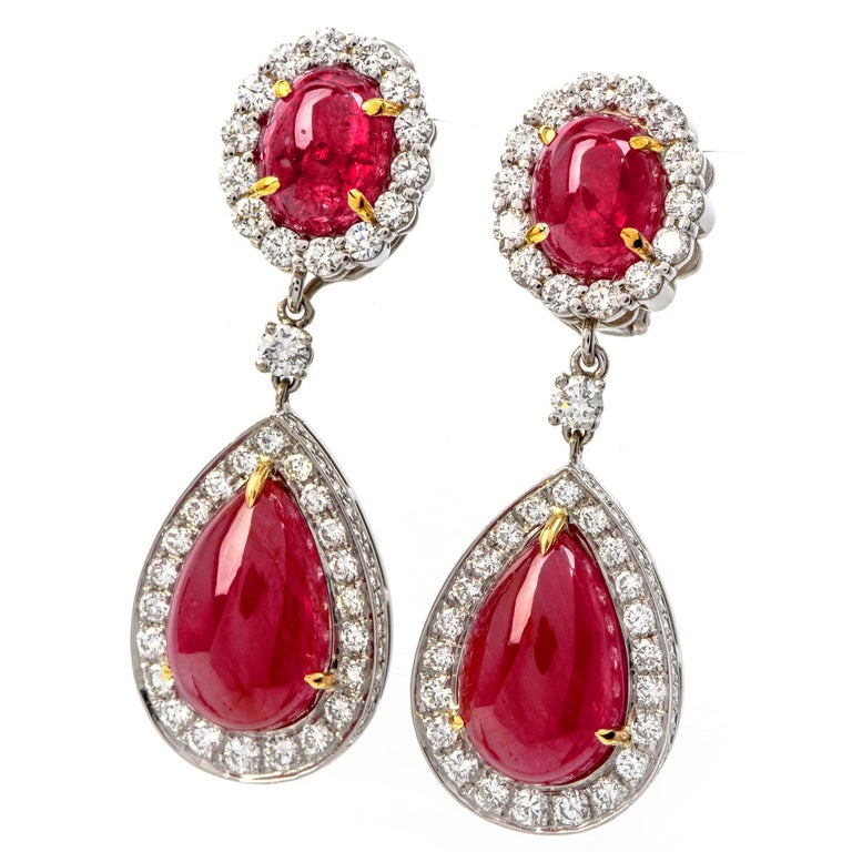Cabochon 1980s Diamond Ruby Platinum Halo Dangle Drop Day Night Earrings For Sale