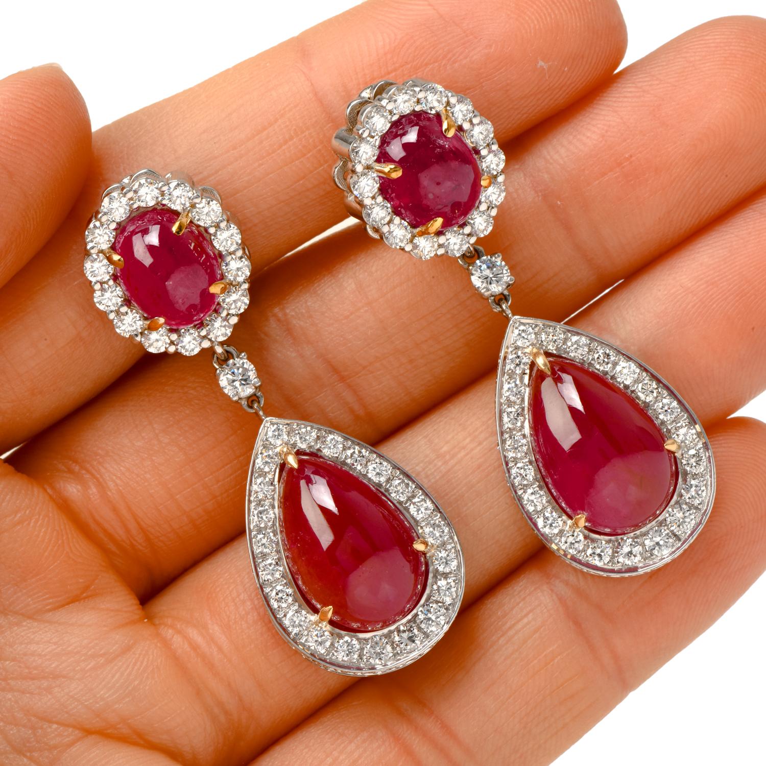 1980s Diamond Ruby Platinum Halo Dangle Drop Day Night Earrings In Excellent Condition In Miami, FL