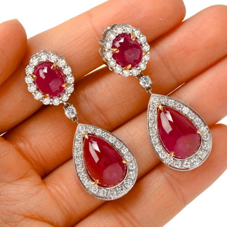 Women's 1980s Diamond Ruby Platinum Halo Dangle Drop Day Night Earrings For Sale