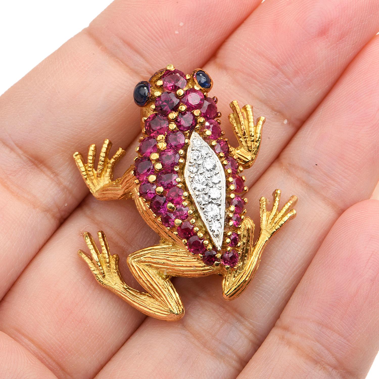 Retro 1980's Hammerman Brothers Diamond Ruby 18K Gold Frog Brooch Pin For Sale