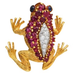Alfiler Broche Rana 1980's Hammerman Brothers Diamante Rubí Oro 18K