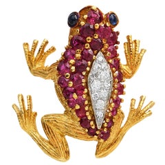 Retro 1980's Hammerman Brothers Diamond Ruby 18K Gold Frog Brooch Pin