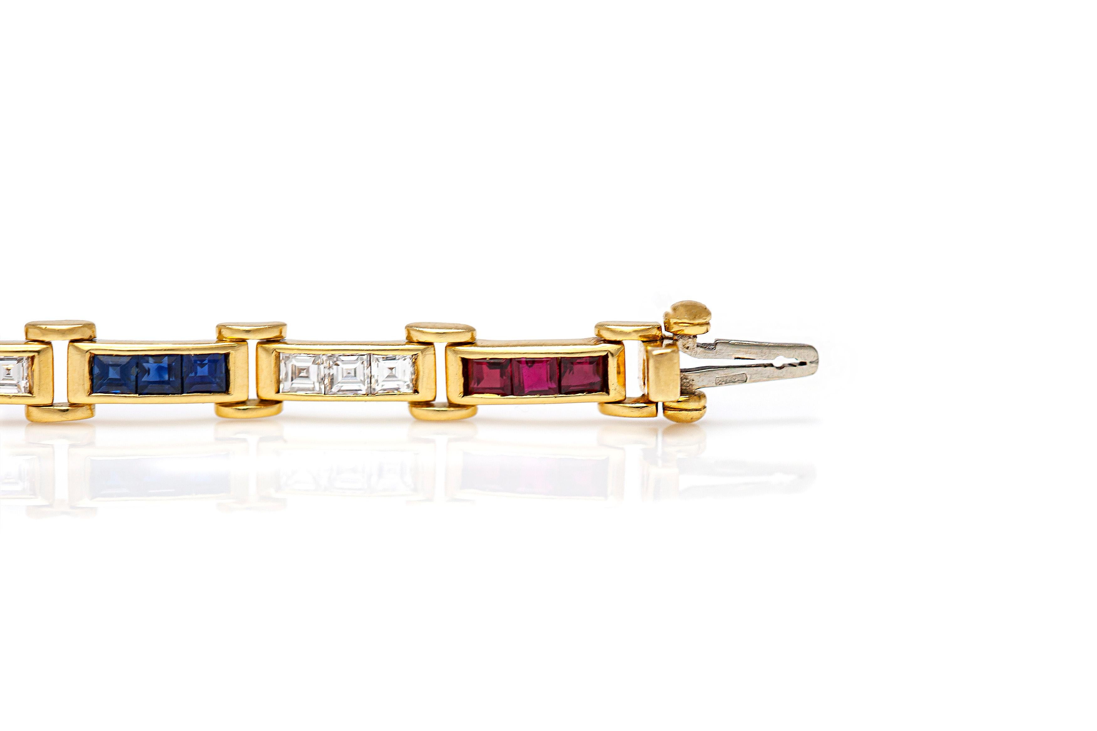 1980s Diamond Ruby Sapphire Link Bracelet In Good Condition For Sale In New York, NY