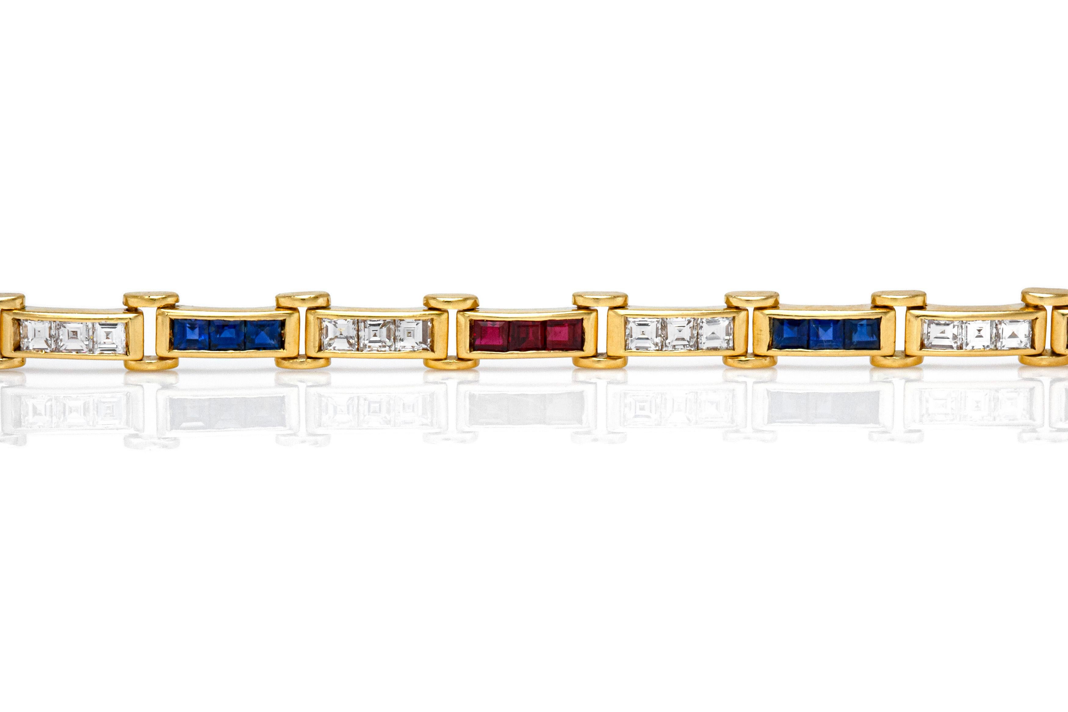 Square Cut 1980s Diamond Ruby Sapphire Link Bracelet For Sale