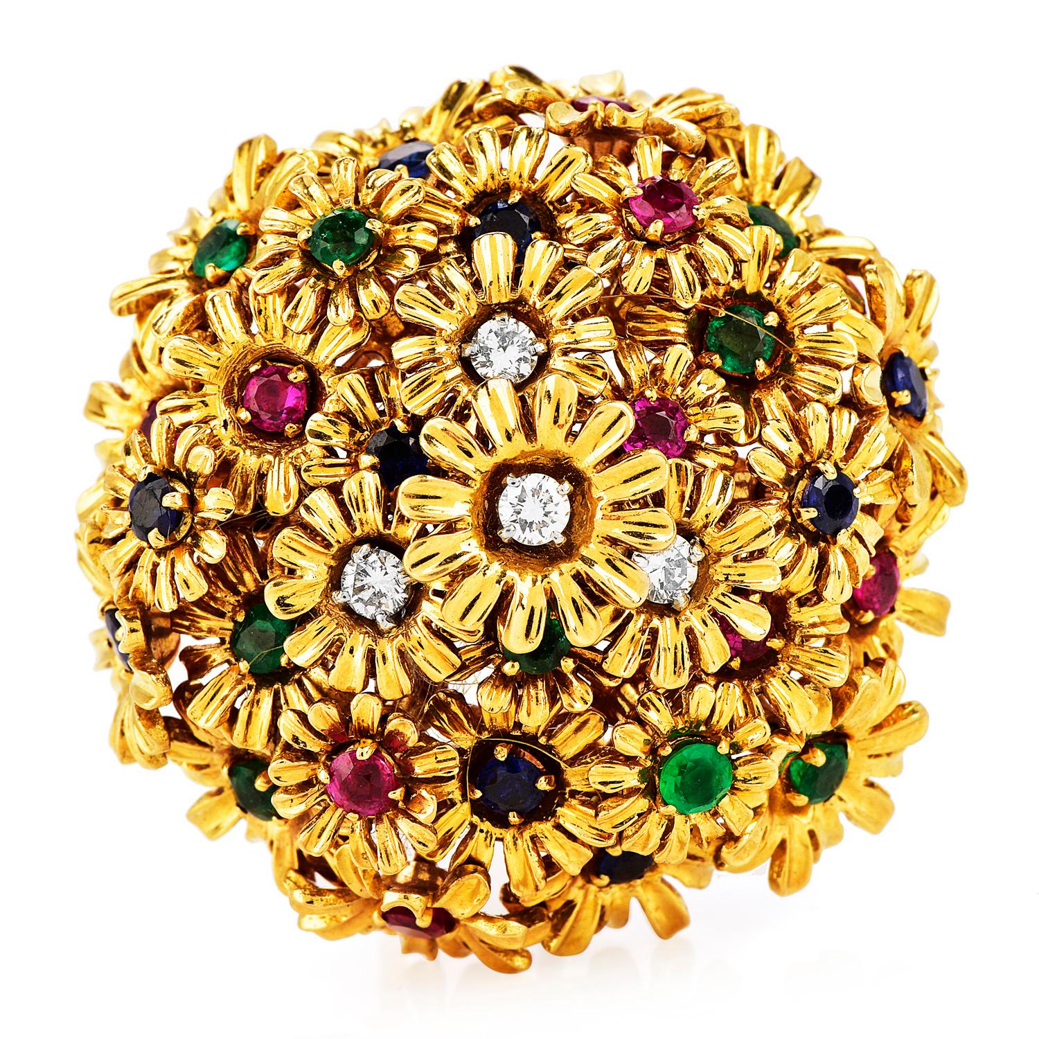 1960s Diamond Ruby Sapphire Emerald 18K Gold Floral Pin Brooch

See life in Vivid colors with these exquisite 1960s Diamond, Ruby, Sapphire, and Emerald Pin Brooch

with a total approximate weight of 34.2 grams.

Expertly Crafted in Solid 18K yellow