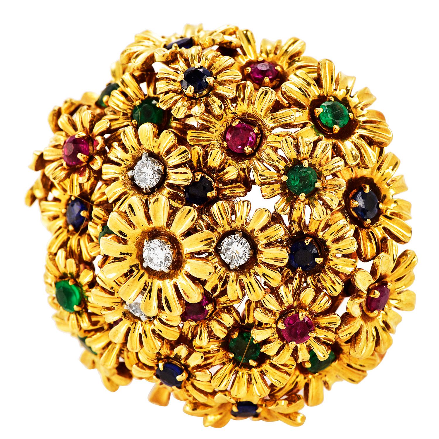 Retro 1980s Diamond Ruby Sapphire Emerald 18K Gold Floral Pin Brooch For Sale