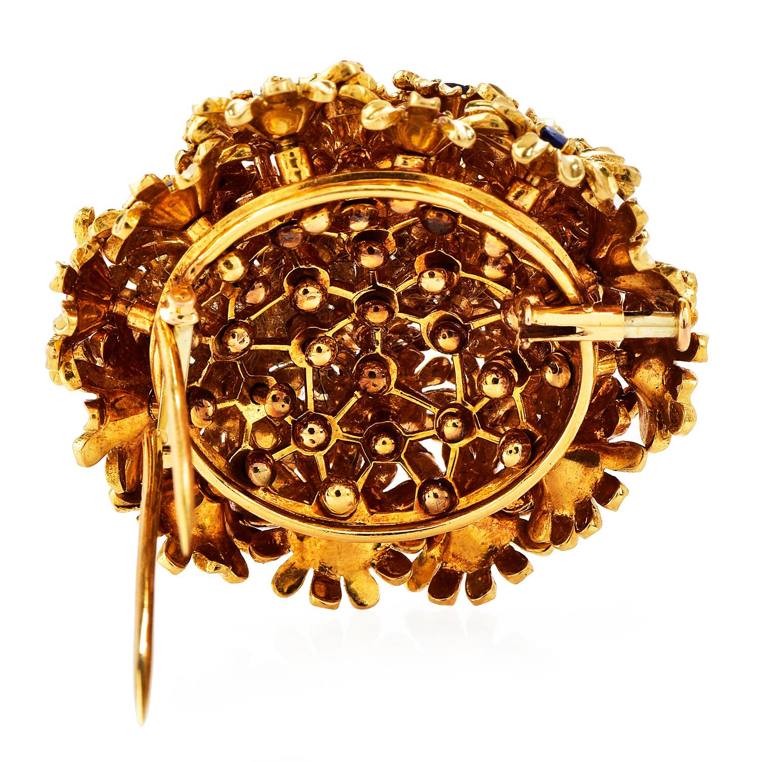 Round Cut 1980s Diamond Ruby Sapphire Emerald 18K Gold Floral Pin Brooch For Sale