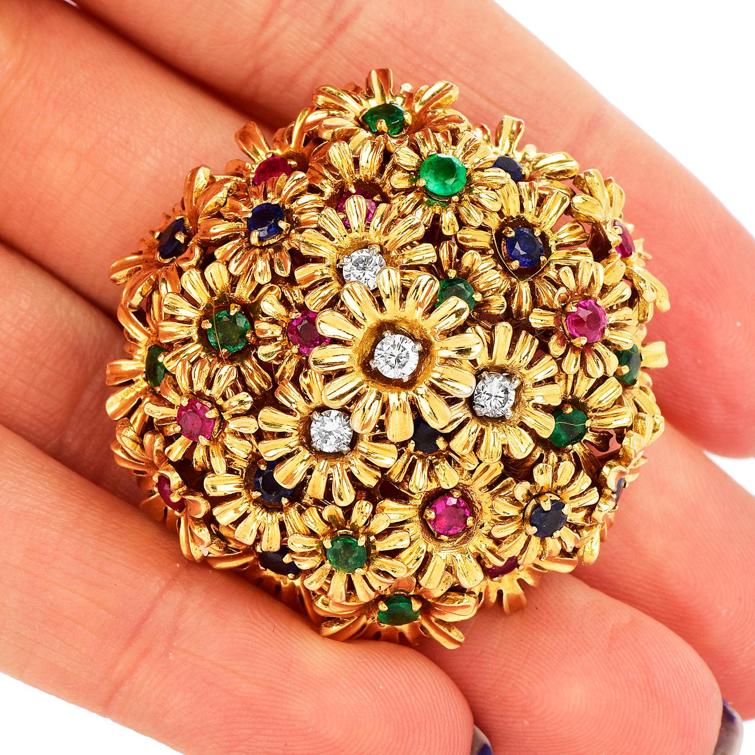1980s Diamond Ruby Sapphire Emerald 18K Gold Floral Pin Brooch In Excellent Condition For Sale In Miami, FL
