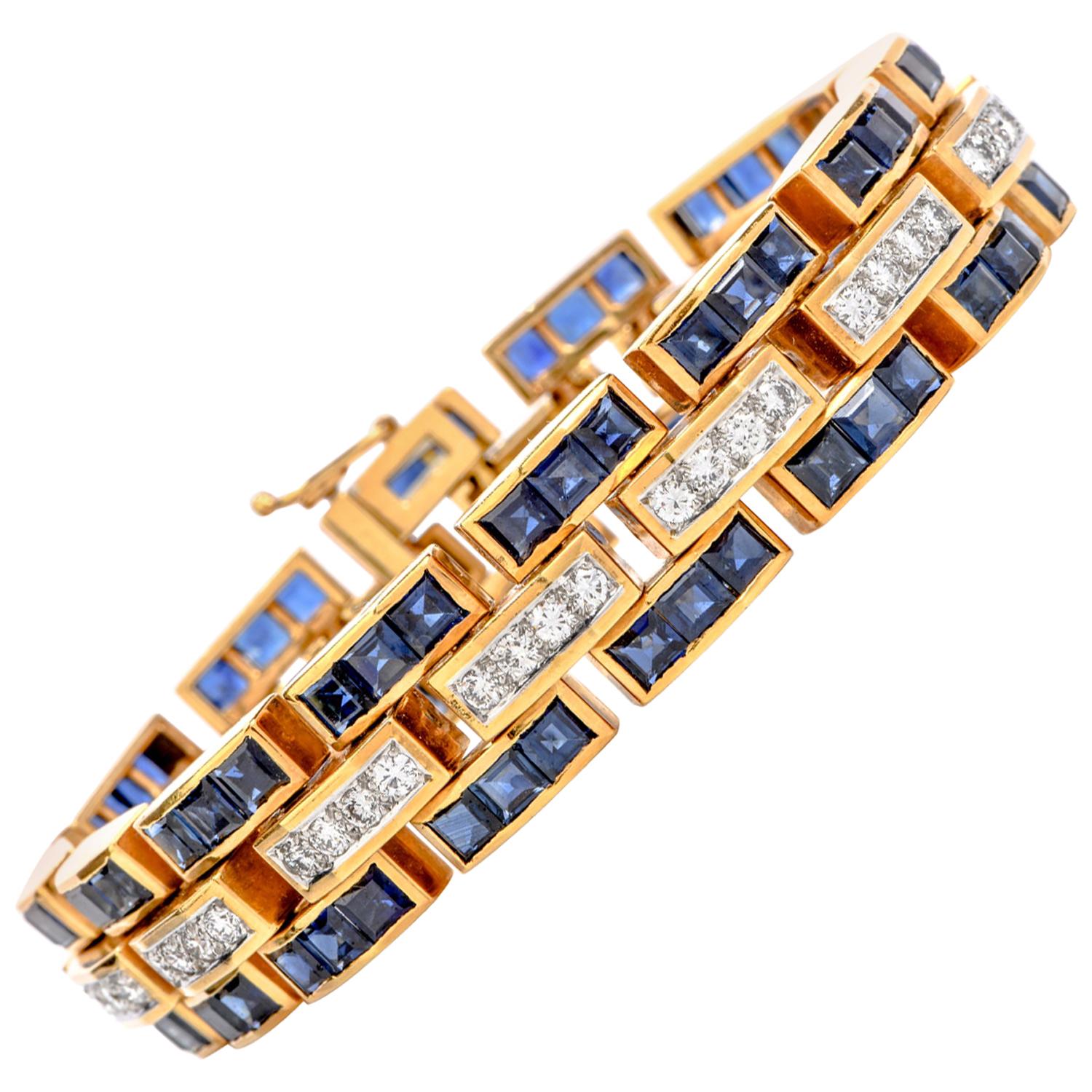 1980s Diamond Sapphire 18 Karat Gold Wide Panther Link Bracelet