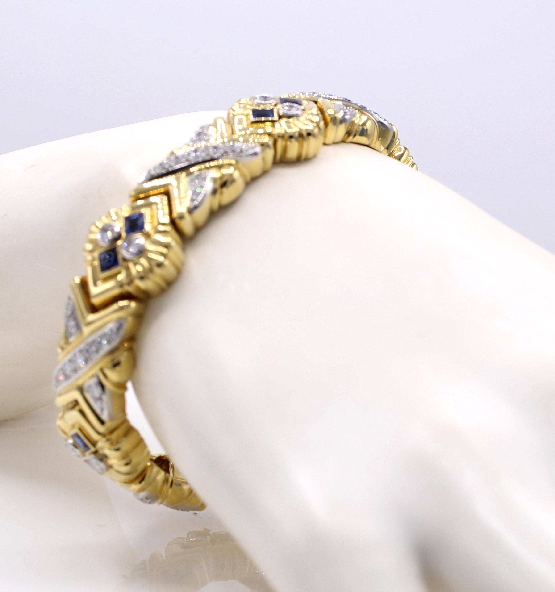 Taille mixte Bracelet en or jaune 18 carats avec diamants et saphirs des années 1980 en vente