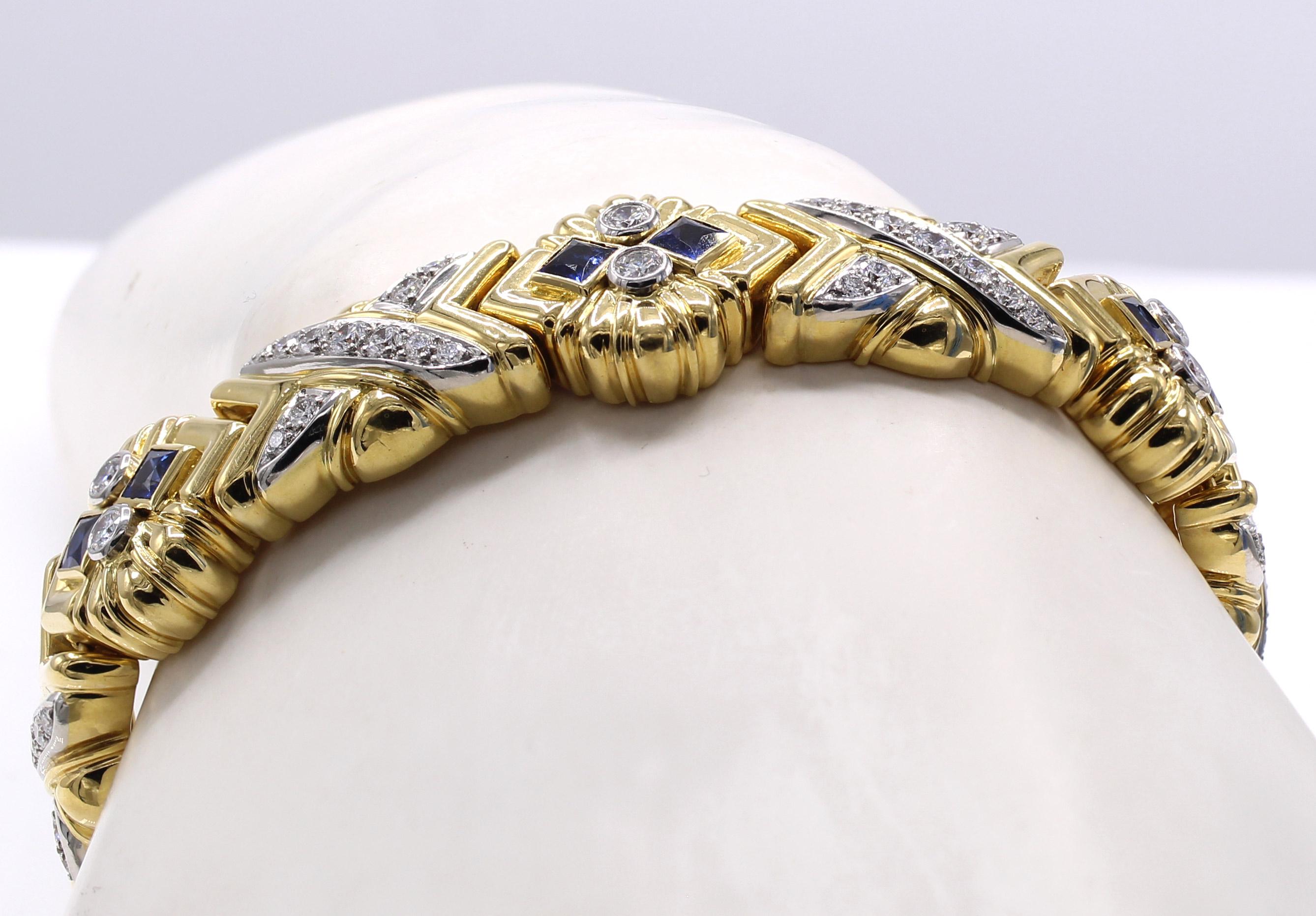 Bracelet en or jaune 18 carats avec diamants et saphirs des années 1980 Excellent état - En vente à New York, NY
